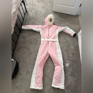 Pink one piece vintage ski suit